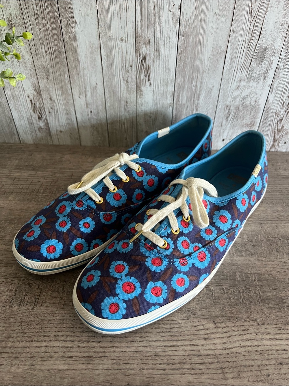 Keds Kate Spade Blue Peacock Floral Low Top Lace Up Sneakers Preppy W 10